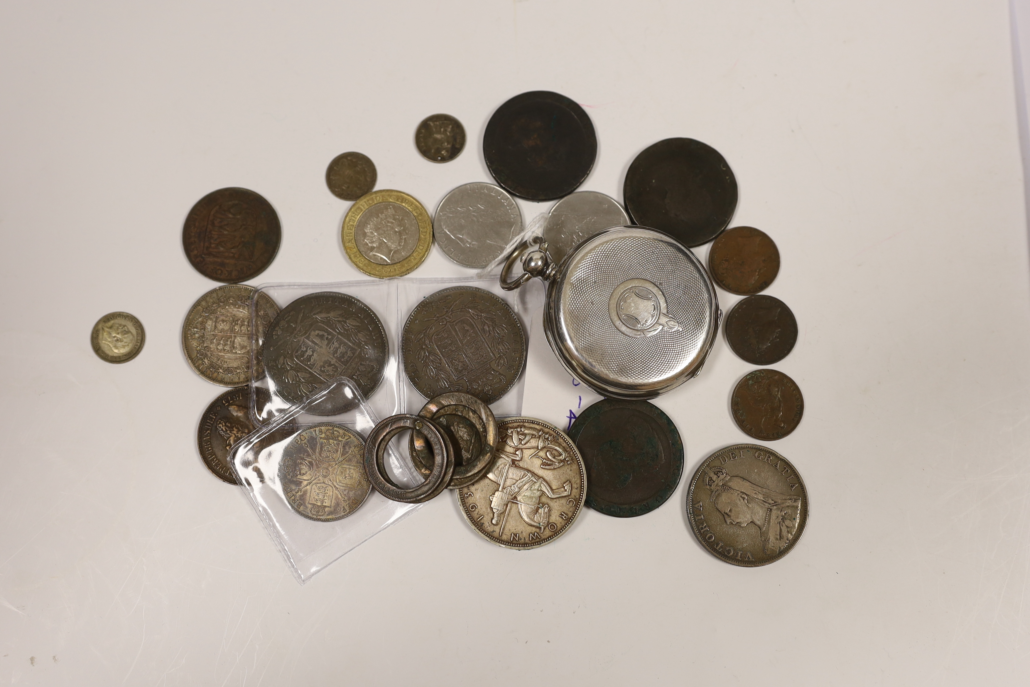 British silver coins, Victoria, two crowns, 1845, double florin 1887, florin 1887, halfcrown 1887 and other various crowns, together with a Swiss silver pocket watch